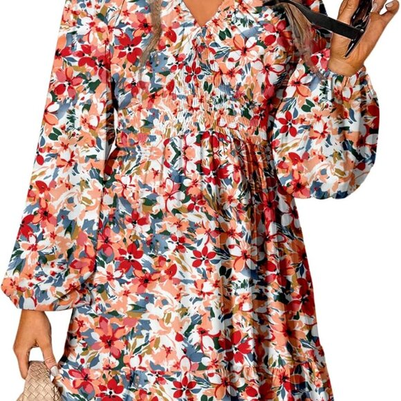 Custom Fit A-Line Mini Dress for Women - 2025 Floral V Neck Long Sleeve Sundress - Picture 1 of 3